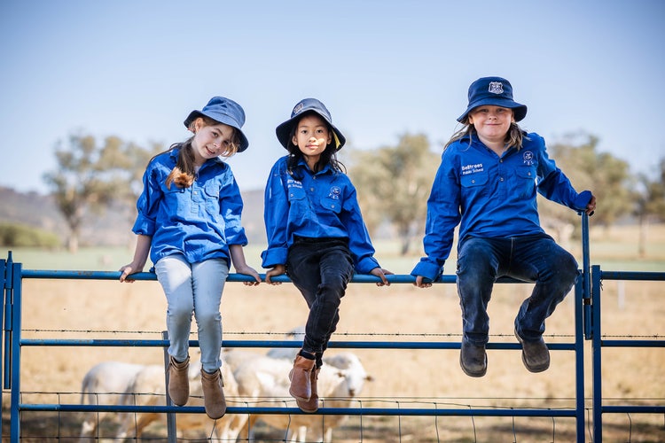 Image of three students sitting on a farm gate