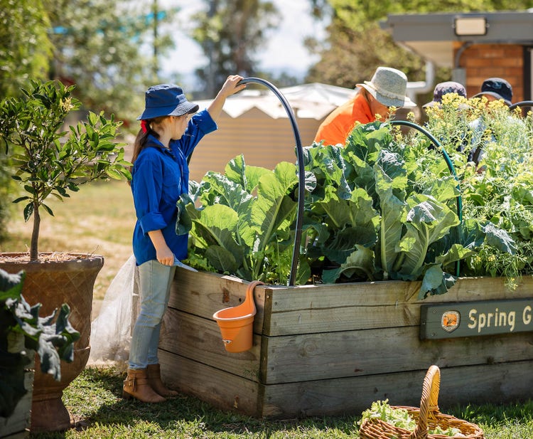 Image of a student standing at a raised garden bed with a trowel in hand