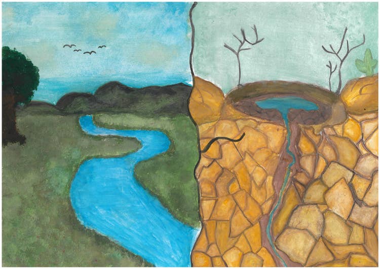 A student's artwork in pastel depicting a river in drought